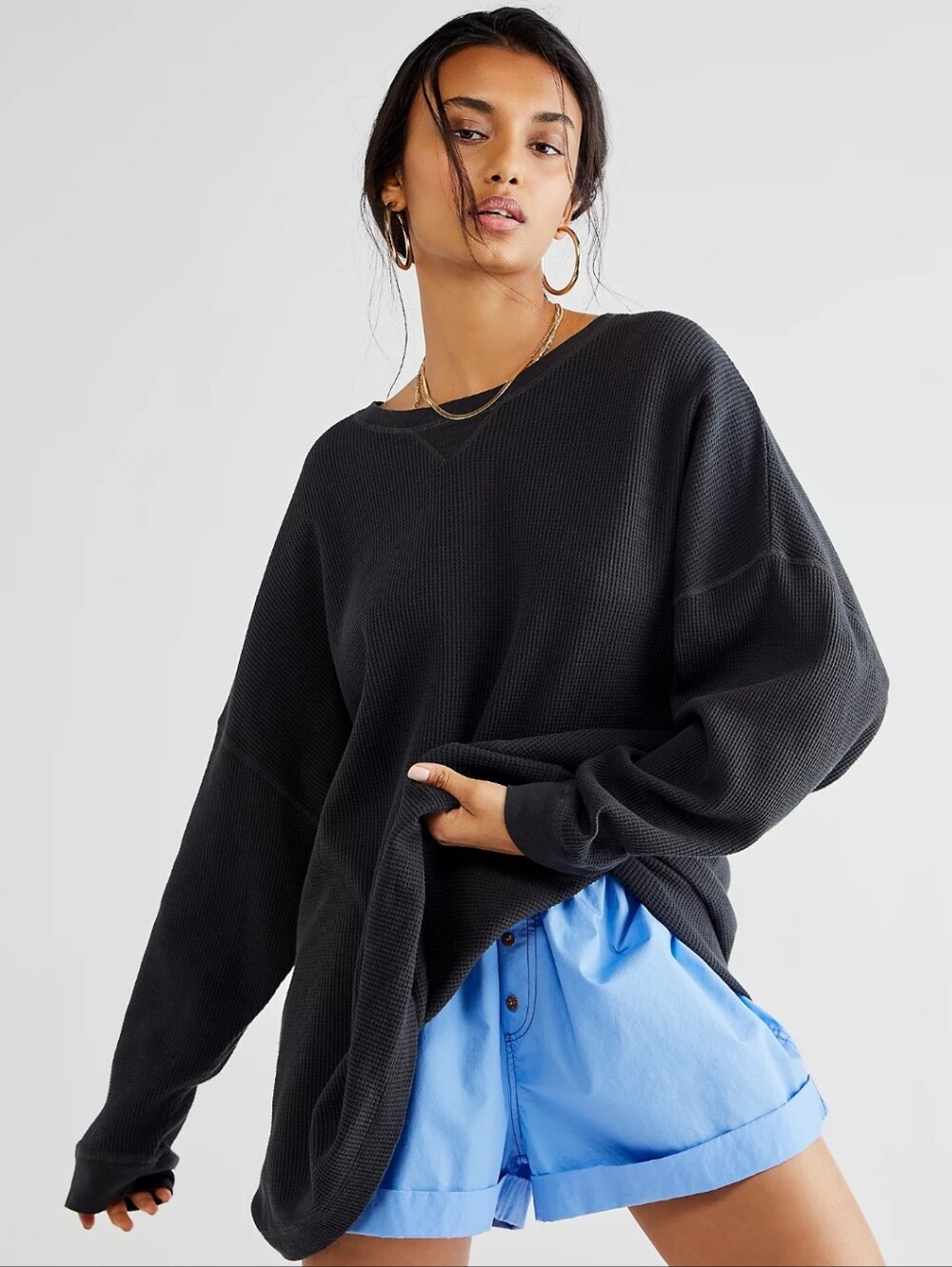Intimately Free People Early Night Thermal Top Black M Waffle Knit Slouchy Shirt